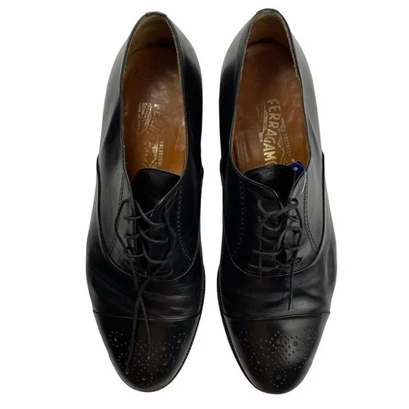 Salvatore Ferragamo Mens  Tramezza Black Leather Punch Cap Toe Lace-up Shoes 11D - Picture 3 of 11